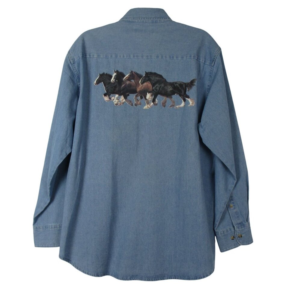 Jerzees Horse Denim Shirt Button Down Women's Cotton Size L Equestrian - Picture 4 of 8